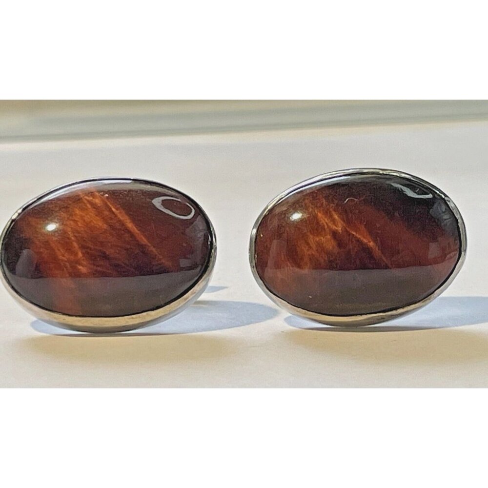 Signed MS Native American Sterling Silver Reddish Tigers Eye Cufflinks